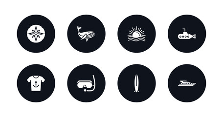 symbol for mobile filled icons set. filled icons such as wind rose, whale, sun shining, submarine facing right, shirt, snorkling glasses, one suroard, yatch vector.