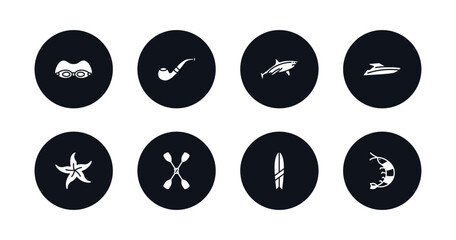 symbol for mobile filled icons set. filled icons such as swin goggle, pipe, shark, speed boat facing right, starfish, double paddle, suroard, prawn facing left vector.