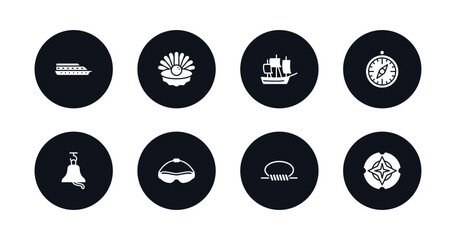symbol for mobile filled icons set. filled icons such as ferry facing right, pearl, classic ship, compass inclined, big bell, swimming glasses, rope knot, compass vector.