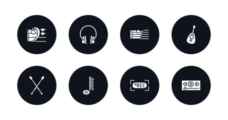 symbol for mobile filled icons set. filled icons such as bass clef, music player headphones, eight note rest, mandolin, drumsticks, hemidemisemiquaver, rec, music player tings vector.