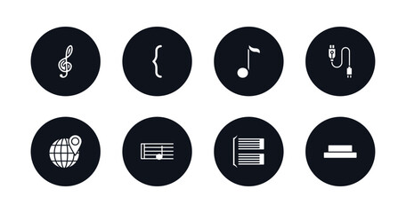 symbol for mobile filled icons set. filled icons such as treble clef, brace, eighth note, charging plug, globe with pointer, half note, bracket, half rest vector.