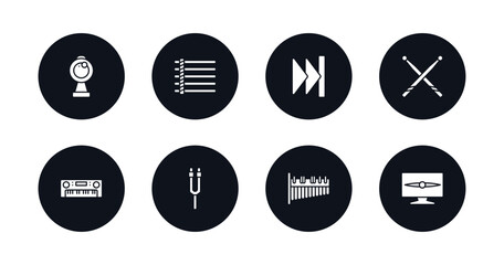 symbol for mobile filled icons set. filled icons such as webcam video call, dotted barline, skip, drumstick, synthesizer, tuning fork, marimba, television screen off vector.