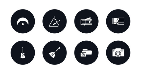 symbol for mobile filled icons set. filled icons such as fermata, music triangle, beam, quarter note rest, acoustic guitar, balalaika, image archive, photo camera vector.