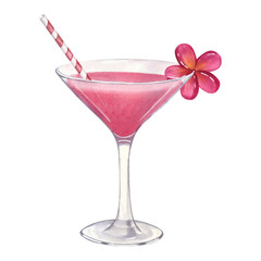 Cocktail glass fresh juicy pink or alcoholic Cosmopolitan. Plumeria frangipani flower, straw. Hand drawn watercolor illustration isolated on white background. For bar restaurant menu