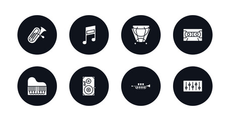 symbol for mobile filled icons set. filled icons such as tuba, musical note, kettledrum, radio caste, piano, speaker, et, equalizer vector.