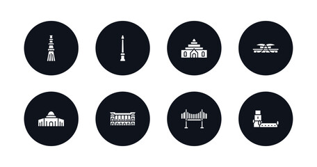 symbol for mobile filled icons set. filled icons such as qutb minar in new delhi, monument site, thatbyinnyu temple, dpr/mpr building, dome of the rock, palais garnier, vincent thomas bridge, belem