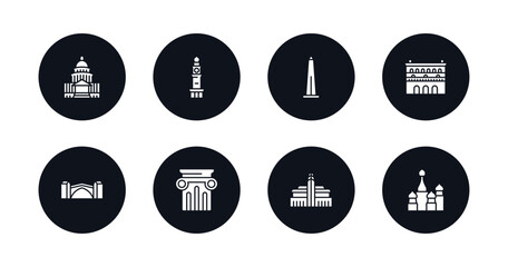 symbol for mobile filled icons set. filled icons such as united states capitol, clock tower, obelisk of bue aires, lonja of zaragoza, stari most, greek column, hassan mosque, russia vector.