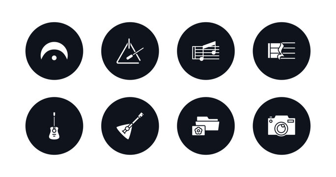 symbol for mobile filled icons set. filled icons such as fermata, music triangle, beam, quarter note rest, acoustic guitar, balalaika, image archive, photo camera vector.