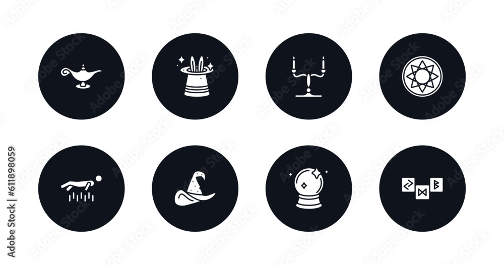 Wall mural symbol for mobile filled icons set. filled icons such as magic lamp, magic trick, candelabra, astral, levitation, witch hat, crystal ball, runes vector.