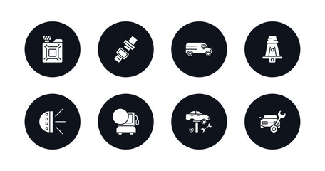 symbol for mobile filled icons set. filled icons such as change car oil, car seat belt, van facing left, hine connector plug, car light, bus with a compass, tire change, repairing vector.