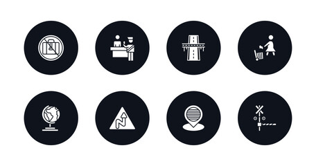symbol for mobile filled icons set. filled icons such as no luggage, inmigration check point, flyover bridge, use dust bin, earth gobe, right reverse curve, placeholder point, rail crossing vector.