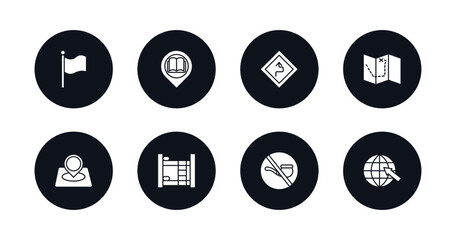 symbol for mobile filled icons set. filled icons such as plain flag, reading zone, curves ahead, treasure map with x, location marker, dormitory, no smoking pipe, arrow on globe vector.