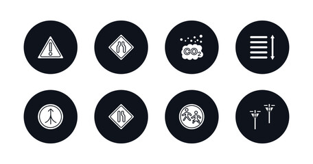 symbol for mobile filled icons set. filled icons such as caution, narrow two lanes, co2, spacing, road joining, narrow right lane, crossing zone, pole vector.