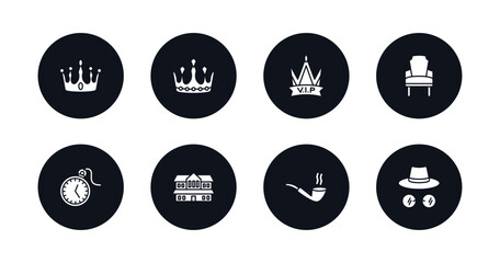 symbol for mobile filled icons set. filled icons such as crown, princess, vip, luxury armchair, pocket watch, cottage, smoke pipe, ganster vector.