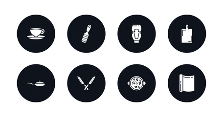 symbol for mobile filled icons set. filled icons such as saucer, grater, sauces, kitchen board, frying pan, knives, paella, aluminum foil vector.
