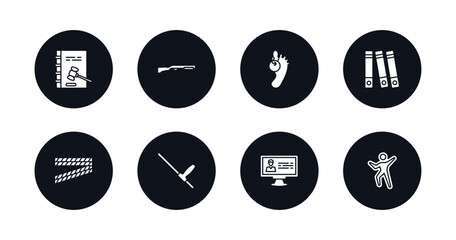 symbol for mobile filled icons set. filled icons such as constitutional law, shotgun, corpse, practise areas, police line, baton, criminal database, crime scene vector.