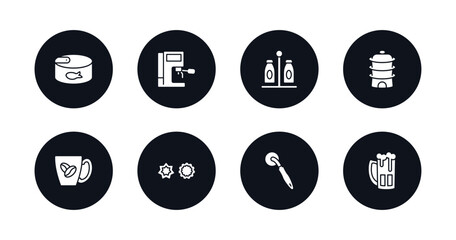 symbol for mobile filled icons set. filled icons such as conserve, coffee hine, spice jar, steamer, mug, cookie cutter, pizza cutter, beer vector.