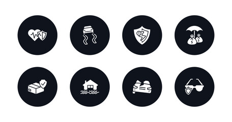 symbol for mobile filled icons set. filled icons such as heart insurance, slippery road, problem electric, investment insurance, cargo insurance, flooded house, total loss, glasses vector.