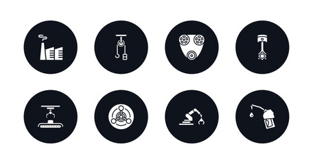 symbol for mobile filled icons set. filled icons such as geothermal, sheave, timing belt, piston, hinery, chemical weapon, robotic arm,, fuel filling vector.