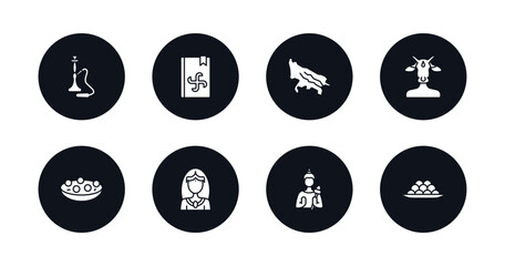 symbol for mobile filled icons set. filled icons such as hookah, vedas, , varaja, kanji vadas, chandra, vishnu, indian sweets vector.