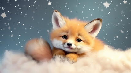 a baby fox cub sleeps on a cloud among the stars. Generative AI