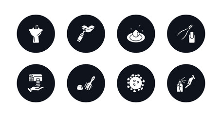 symbol for mobile filled icons set. filled icons such as washbowl, dolled up, purity, nail scissors, hand dryer, toilet brush, pathogen, antiseptic vector.