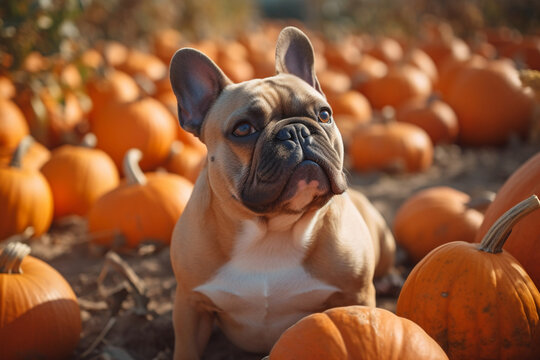 French Bulldog dog in pumpkin patch. Generative AI illustration