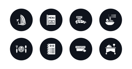 symbol for mobile filled icons set. filled icons such as beach hotel, menu, rent a car, ramen, breakfast, agenda, check out, room service vector.