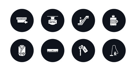 symbol for mobile filled icons set. filled icons such as check in, hotel, or, left-luggage, bathrobe, air conditioner, room key, vacuum cleaner vector.