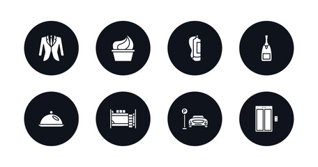 symbol for mobile filled icons set. filled icons such as suits, frozen yogurt, fire extinguisher, champagne, restaurant tray, bunk, parking, elevator vector.