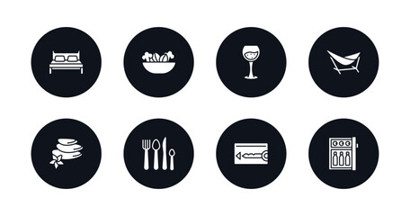 symbol for mobile filled icons set. filled icons such as double bed, vegetarian, wine glass, hammock, hot stones, eating utensils, key card, minibar vector.