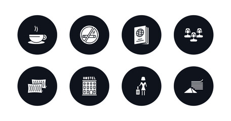 symbol for mobile filled icons set. filled icons such as coffee, no smoking, passport, people, pillow, hostel, guest, napkins vector.