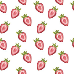 Seamless pattern fresh ripe red strawberry with a green leaf. Botanical painting. Hand drawn illustration isolated on white background. For food label design