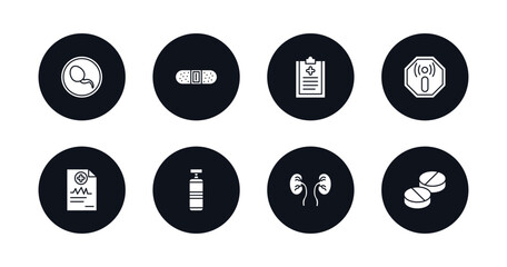 symbol for mobile filled icons set. filled icons such as spermatozoon, band aid, medical checklist, non ionizing radiation, medical report, punching bag, urology, pills vector.