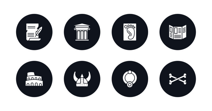 symbol for mobile filled icons set. filled icons such as poster, museum, foot print, trifold, colosseum, viking helmet, bracelet, bones vector.