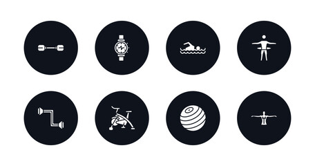 symbol for mobile filled icons set. filled icons such as little dumbbell, training watch, man swimming, stick man hoop, resistance, riding bicycle, gymnastic ball, anatomy vector. © IconArt