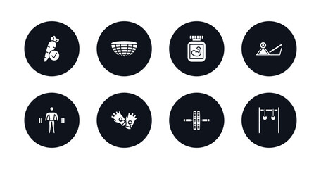 symbol for mobile filled icons set. filled icons such as good diet, bosu ball, phytonutrients, press simulator, exercising dumbbell, fitness gloves, fitness wheel, rings exercises vector.