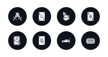 symbol for mobile filled icons set. filled icons such as role playing game, king of spades, potions, queen of diamonds, pool table, jack of clubs, trunk open, scores vector.