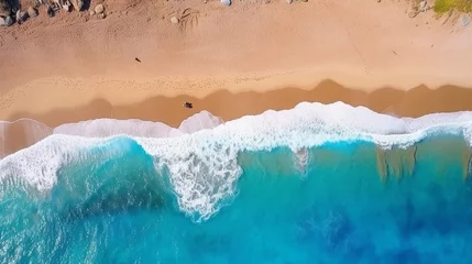 Foto op Canvas Ocean waves on the beach as a background. Beautiful natural summer vacation holidays background. Top view from drone. Aerial top down view of beach and sea with blue water waves. Generative AI © Mickael