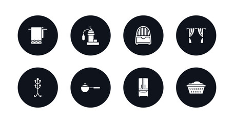 symbol for mobile filled icons set. filled icons such as towel, sump pump, dehumidifier, curtains, coat stand, small saucepan, fridge, laundry hamper vector.