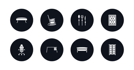 symbol for mobile filled icons set. filled icons such as hassock, rocking chair, silverware, mattress, desk chair, desk, bench, armoire vector.