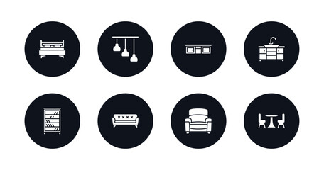 symbol for mobile filled icons set. filled icons such as bed, chandelier, tv table, kitchen sink, shelves, sofa, armchair, table with chair vector.