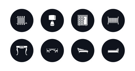 symbol for mobile filled icons set. filled icons such as radiator, table lamp, drawers, crib, adornment, kitchen table, fainting couch, lounger vector.