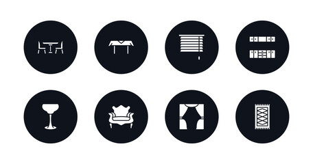 symbol for mobile filled icons set. filled icons such as dinner table, table linens, window coverings, cabinet, glassware, fauteuil, curtain, rugs vector.