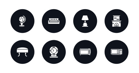 symbol for mobile filled icons set. filled icons such as globe, couch, lamps, fireplace, footstool, table clock, oven, microwave vector.