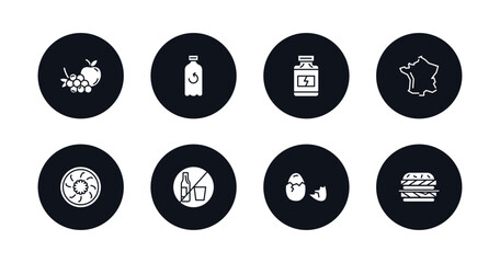 symbol for mobile filled icons set. filled icons such as and grapes, recycling bottles, protein container, french, yusheng, no drinking, eggs sillhouettes, double burger vector.