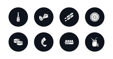 symbol for mobile filled icons set. filled icons such as champagne bottle, dairy, kebab, donuts, arons, shrimps, fried tofu curd balls, fresh smoothie vector.