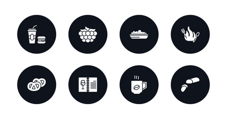 symbol for mobile filled icons set. filled icons such as junk food, raspberry leaf, risotto, calories, pretzel, drinks menu, hot coffee cup, marzipan vector.