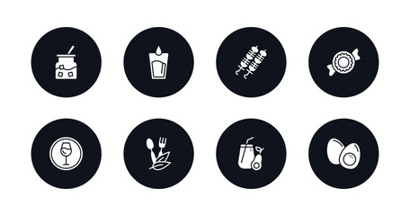 symbol for mobile filled icons set. filled icons such as sugar container, water glass, brochette, polvoron, drinking zone, organic food, healthy shakes, boiled egg vector.