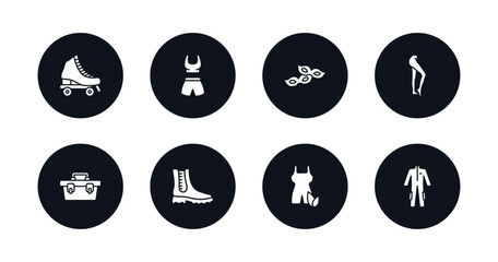 symbol for mobile filled icons set. filled icons such as roller skater, gym clothes, two carnival masks, tights, small toolbox, boot for women, wellness coach, working coverall vector.
